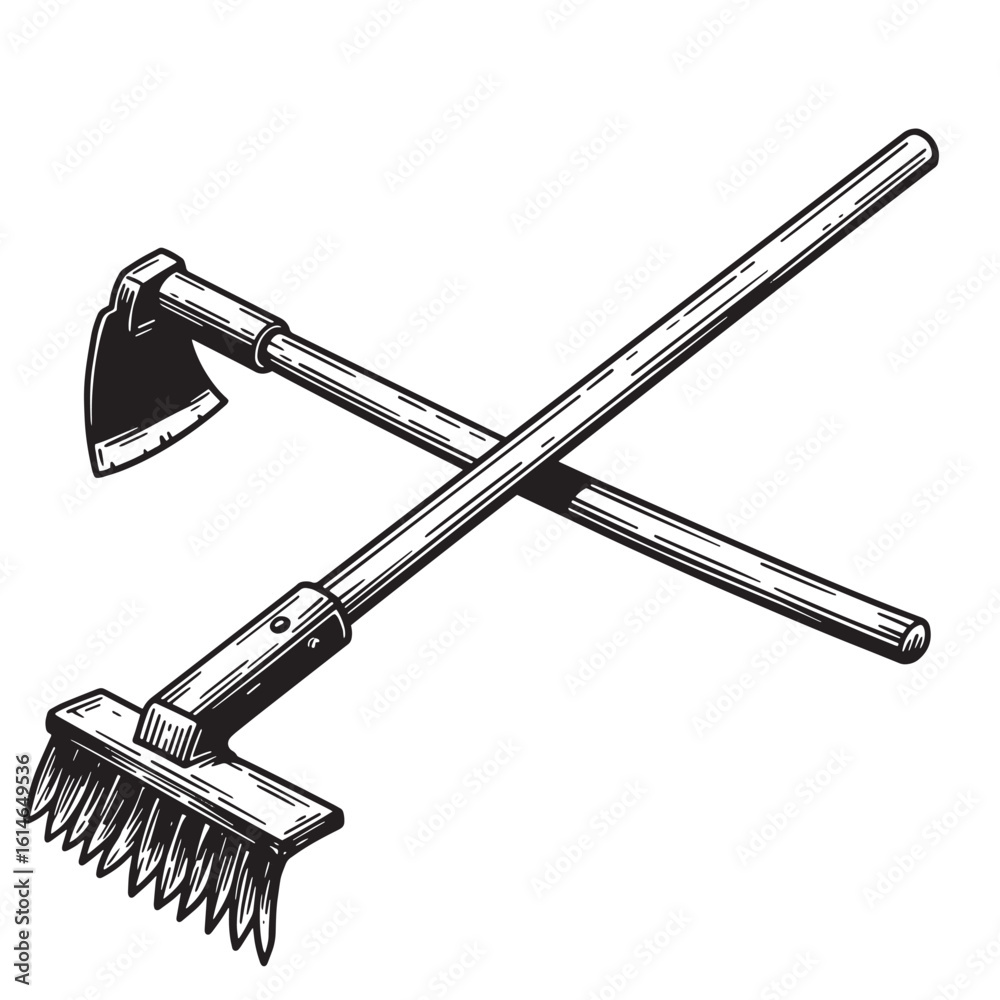 Obraz premium Hand drawn illustration of crossed garden tools hoe and rake on white background