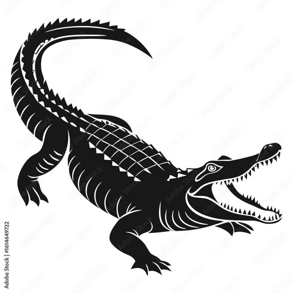Fototapeta premium Isolated Black Silhouette of Alligator on White Background