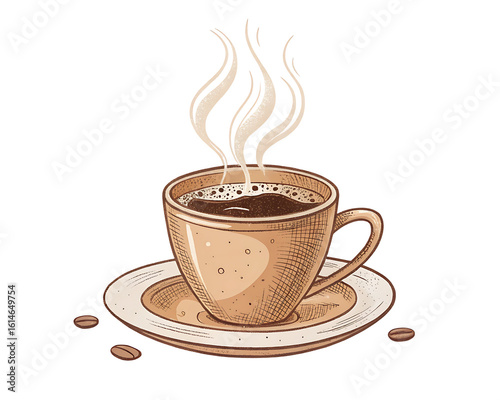steaming coffee cup on saucer, sketch style clip art preview