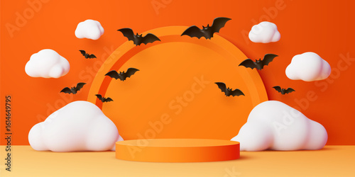 Halloween holiday orange podium stage with flying bats and clouds. Vector 3d product presentation spooky display stand or scene with round pedestal, arch and Halloween horror night holiday monsters