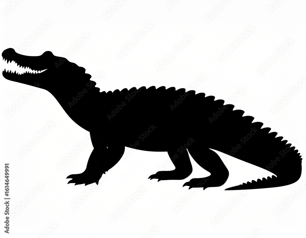 Fototapeta premium Crocodile Silhouette Illustration: Black Vector of Wild Reptile in Side Profile with Sharp Teeth and Tail in Minimal Flat Style for Wildlife Design and Nature Element on White Background