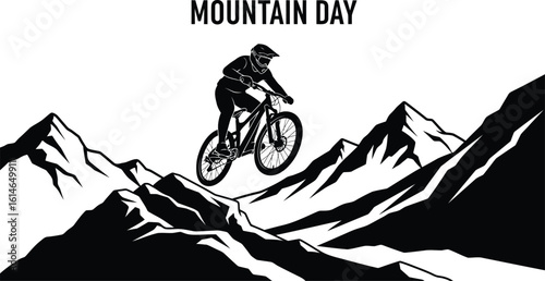 Vector art of a mountain biker jumps over a mountain peak to celebrate mountain day