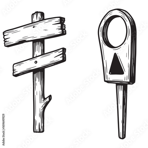 Hand drawn wooden signpost and marker vector illustration in black and white on a white background