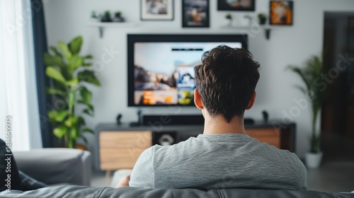 A man with dark hair is sitting on a couch in a modern living room, watching a large TV screen surrounded by plants and framed pictures.
