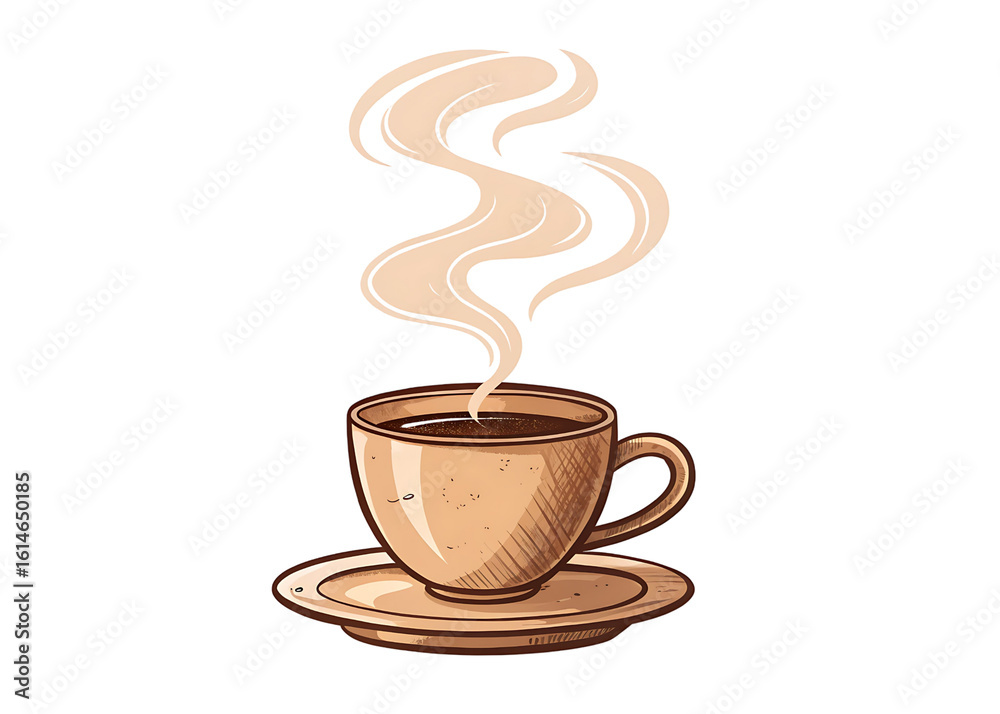 Obraz premium A steaming cup of coffee sits on a saucer, with wisps of vapor rising, creating a warm and inviting beverage illustration isolated on transparent background