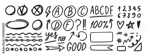 Grading hand drawn doodle set elements for school. Knowledge testing marks. grades results, frame accent line, plus and minus signs, check mark and cross mark, underlines, arrows. 