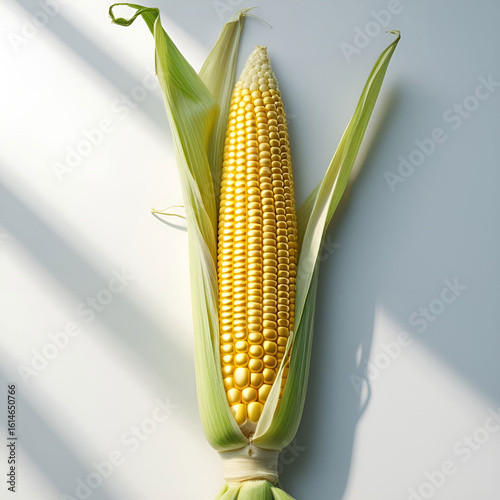 Single ear of corn with bright yellow kernels and partial green husk.