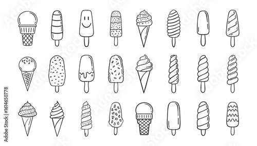  ice cream doodle hand drawn icon set. Outline drawing ice cream line clipart symbol collection