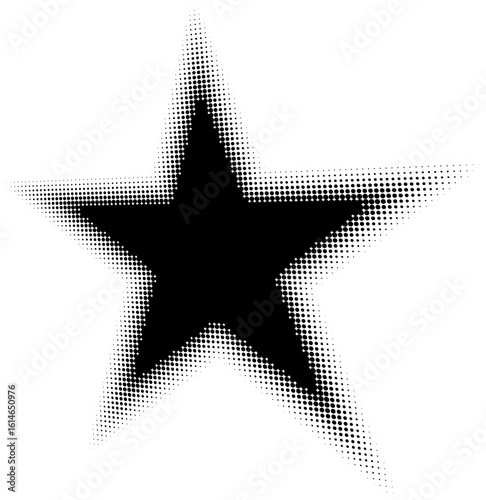 Abstract decorative black halftone star textures on isolated background. Geometric circular shape elements pattern in a star shape. Fit for poster, collage, or advertising, abstract design element.