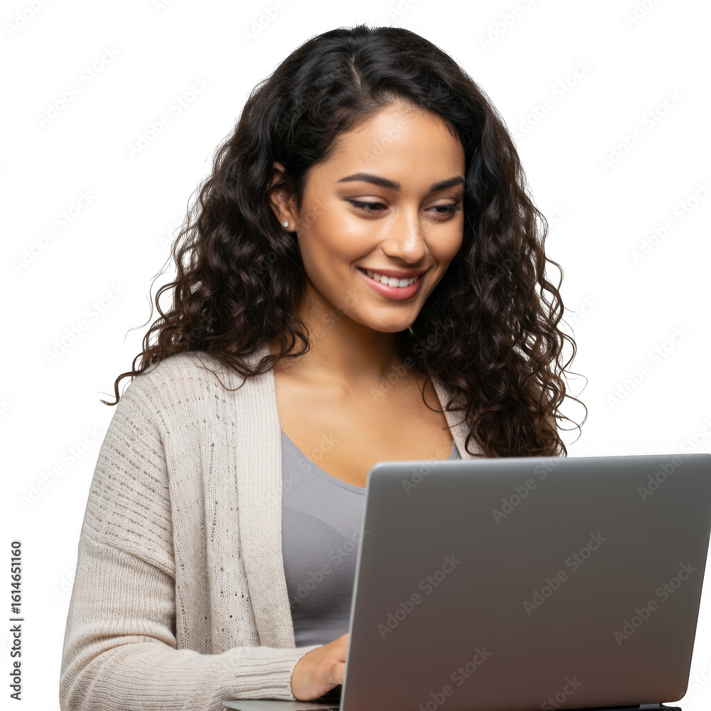 Naklejka premium A young woman with curly dark hair smiling while looking at her laptop screen isolated on transparent background