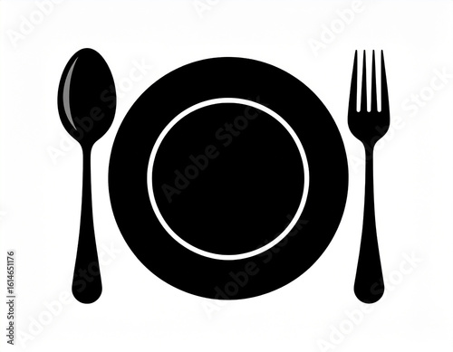 Cutlery Silhouette Illustration: Black Vector of Plate, Spoon, and Fork in Minimal Style for Kitchen Decor, Menu Design, Cooking Themes, and Culinary Elements on White Background