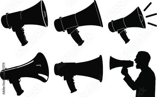 Megaphone and announcement silhouette vector set showing different loudspeaker designs and a man shouting for communication