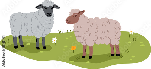 Two fluffy sheep, one gray and one brown gazing on grassy field with scattered flowers, representing peaceful farm and rural life. Cartoon flat vector domestic livestock animals with thick woolly coat