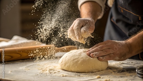 A woman's hands knead dough dusted with flour on a wooden table, preparing homemade bread