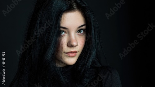 A young woman poses gracefully against a dark background, showcasing her long dark hair and expressive eyes. The soft lighting highlights her features beautifully.