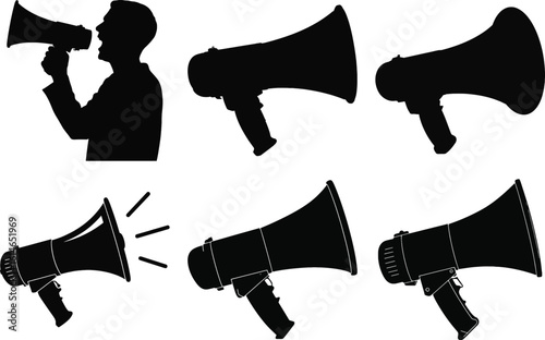 Megaphone and announcement silhouette vector collection with various loudspeaker designs and a man shouting for communication