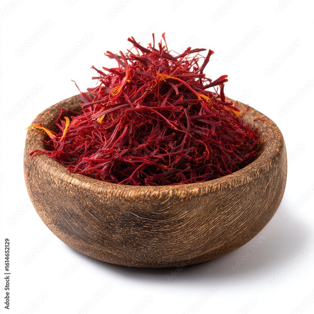 Naklejka premium Red spice threads in a dark wood bowl