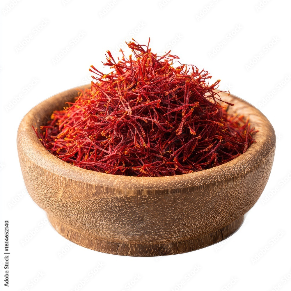 Fototapeta premium Red threads of spice in small wooden bowl