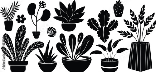 Collection of various houseplant silhouettes in pots silhouette