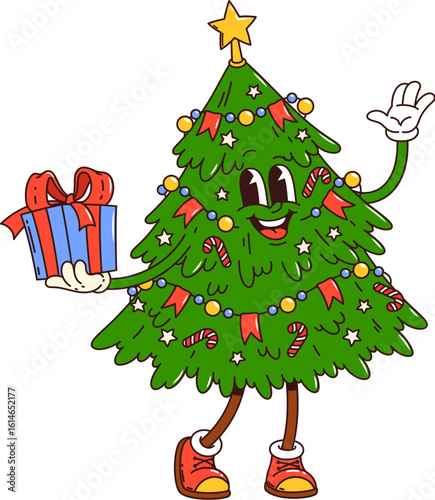 Groovy Christmas tree character with winter holiday gifts, cartoon vector. Funny groovy pine tree smiling with happy face, giftbox and Christmas lights decoration for New Year cartoon character