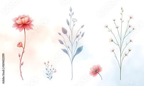 Elegant watercolor floral elements with a soft pastel and ethereal touch, perfect for minimal nature-themed designs or botanical wall art.