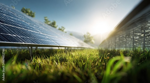 Solar panels in a grassy field at sunset