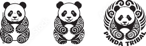 Stylized panda with tribal patterns illustration black and white
