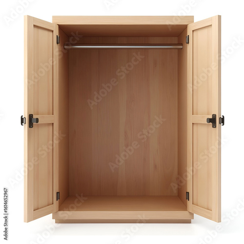 3D illustration of an empty open wooden wardrobe.