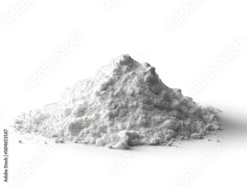 A mound of white powder sits against a white background casting a slight shadow