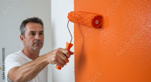 Man painting orange wall home improvement