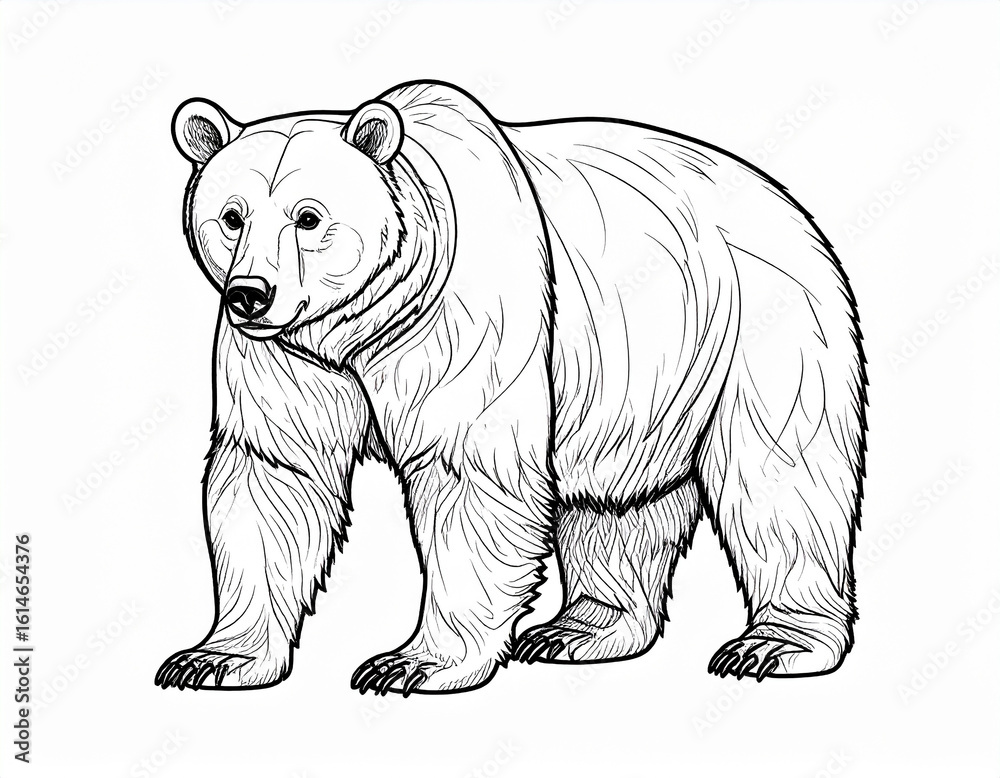 Fototapeta premium Black Outline Illustration of a Bear: Minimalist Wild Animal Silhouette in Side View with Bold Line Art Style for Nature Design, Mascot Concept, and Tattoo Inspiration on White Background