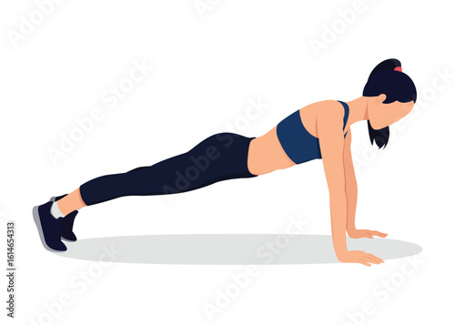 Fitness and workout concept. A beautiful slim girl doing some push ups a the gym.  Vector illustration.