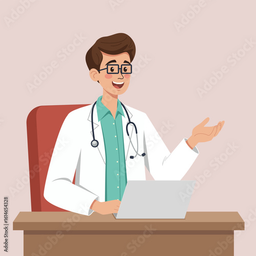 Illustration of a cheerful male doctor in a white coat, sitting at a desk with a laptop. He appears to be consulting or explaining, with medical tools and documents in the background.