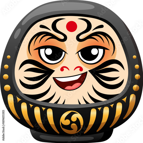 Cartoon Japanese black daruma doll smiling. Isolated vector toy with bold facial features and red dot on forehead symbolizes perseverance, luck and motivation in japan culture. Asian souvenir doll