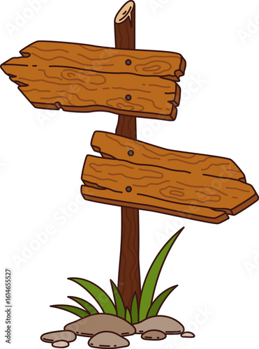 Groovy western wood road signboards. Cartoon vector retro wild west banner. Isolated rustic, wooden pointer sign, featuring weathered arrow slats and pole, vintage American Texas directional signpost