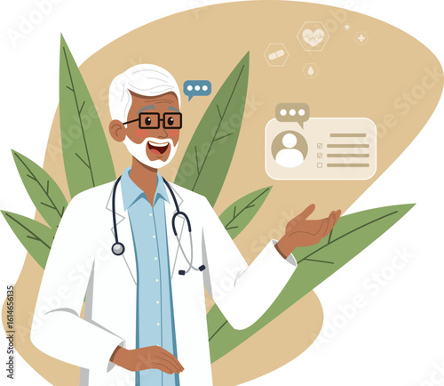 Illustration of a smiling senior male doctor with white hair and beard, wearing glasses and a lab coat, leaves in background. He is gesturing with his hand as digital medical icons float around him. 