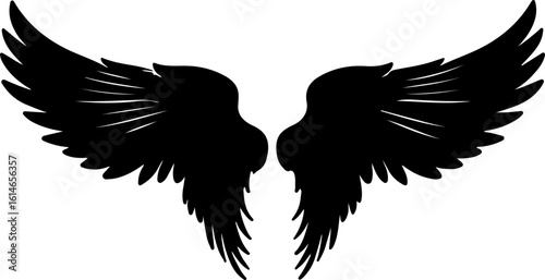 Bold, silhouetted black wings with striking feather detail, evoking power, mystery, and an angelic or demonic aesthetic, ideal for various design applications.