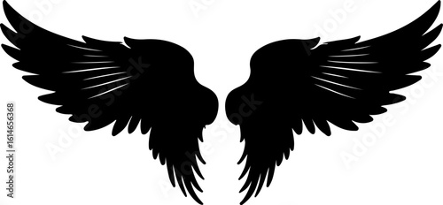 Bold, silhouetted black wings with striking feather detail, evoking power, mystery, and an angelic or demonic aesthetic, ideal for various design applications.