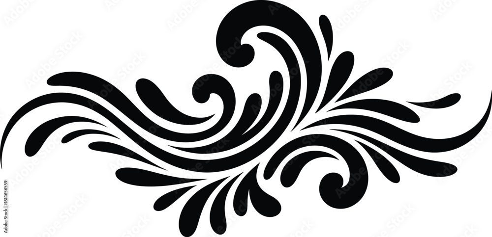 Fototapeta premium Elegant black swirls and flourish curved scroll ornate decorative design element, Abstract Tribal Style Motifs ornament isolated on transparent background