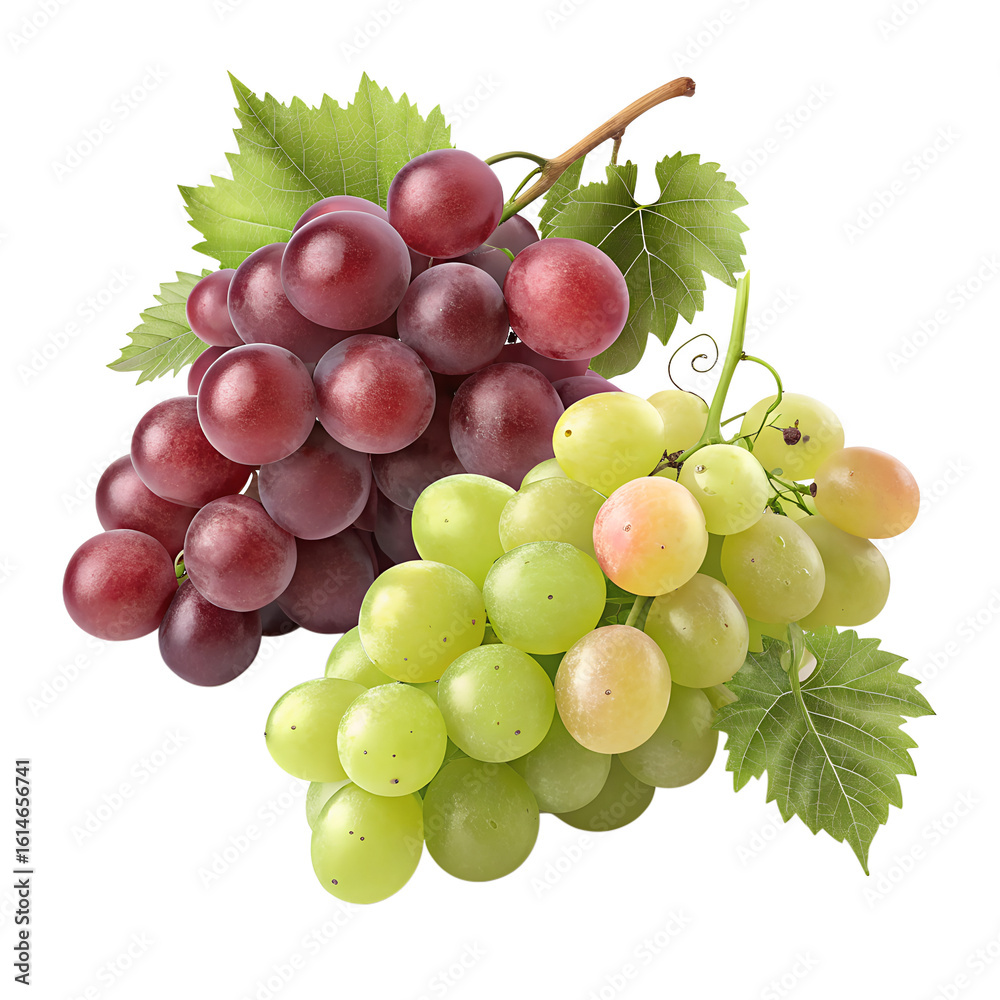 Obraz premium Red and green grapes with leaves isolated on a transparent background