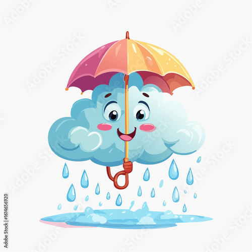A grumpy cloud stands under a tiny umbrella while getting soaked in this whimsical weather gag.