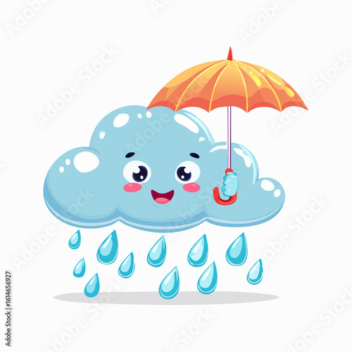 A grumpy cloud stands under a tiny umbrella while getting soaked in this whimsical weather gag.
