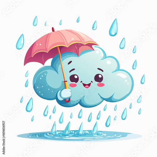 A grumpy cloud stands under a tiny umbrella while getting soaked in this whimsical weather gag.