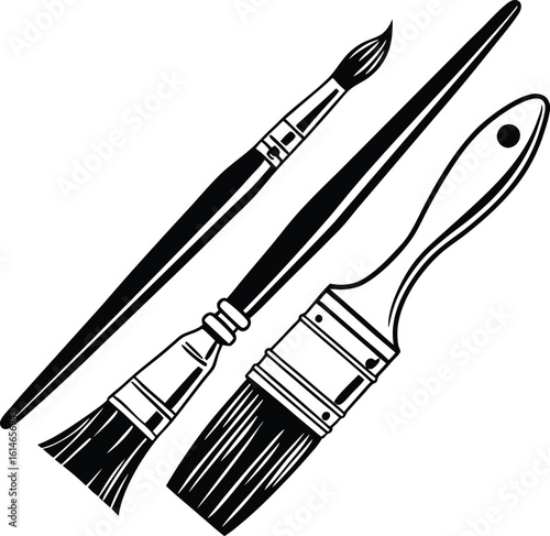 Three artist paint brushes in a diagonal arrangement silhouette
