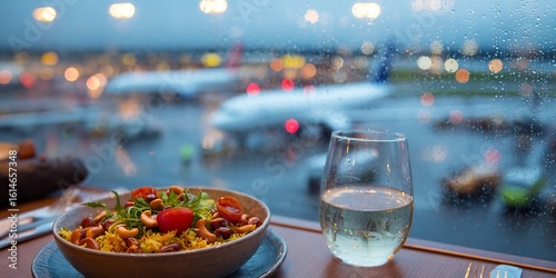 Elegant Pasta Meal with Vegetables in Airport Lounge Setting, Overlooking Runway Through Panoramic Windows