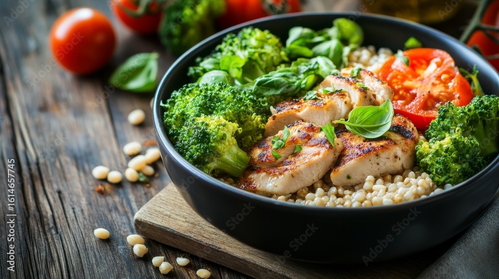 Chicken lunch bowl with tender grilled chicken breast, steamed broccoli, fresh tomato slices, healthy pearl barley porridge and vibrant basil pesto served on rustic wooden table, balanced clean eating Chicken lunch bowl with tender grilled chicken breast, steamed broccoli, fresh tomato slices, healthy pearl barley porridge and vibrant basil pesto served on rustic wooden table, balanced clean eating