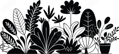 Diverse group of stylized plants and leaves in silhouette