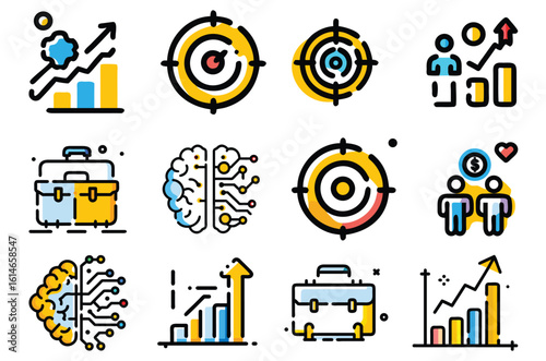 Collection of business and technology icons representing growth and strategy isolated on white background