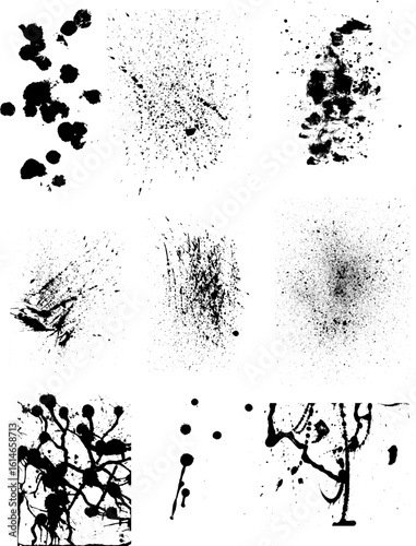 Collection of high-contrast black brush, ink splatters textures with various abstract stains, drips, and blot effects. Abstract grunge design element is for versatile design use, dirty texture.