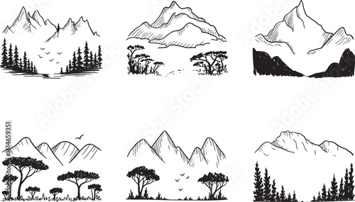 Monochrome line art set showcasing various mountain ranges and natural landscapes, including rolling hills and distinctive savanna trees.